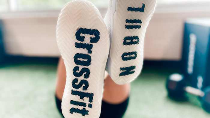 Close up photo of Nobull Trainer+ Shoes soles to show grip.